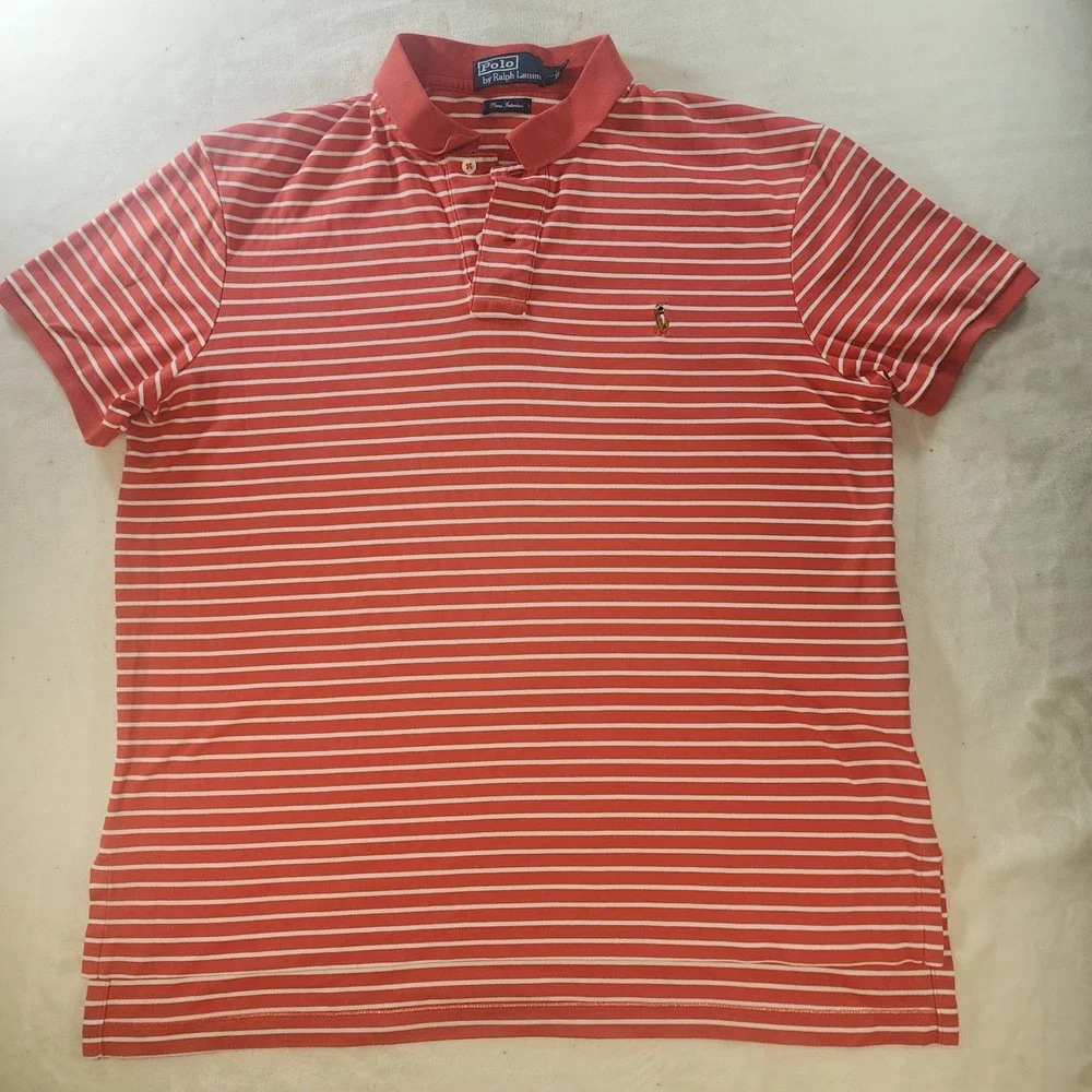 Polo Ralph Lauren Mens Large Red White Striped Pima Interlock Polo Shirt Classic